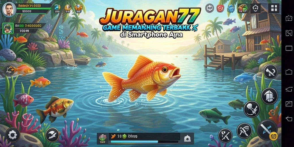 Tampilan gameplay <strong>JURAGAN77</strong> yang menampilkan aksi memancing seru dan lingkungan yang indah.