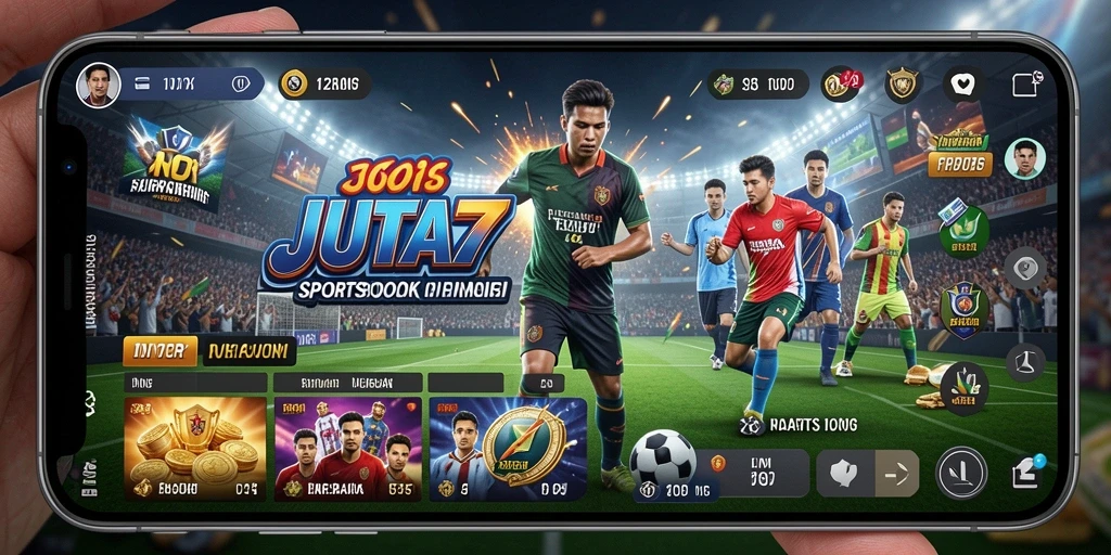 Tampilan antarmuka aplikasi JUTA7 dengan fitur sportsbook yang menarik.