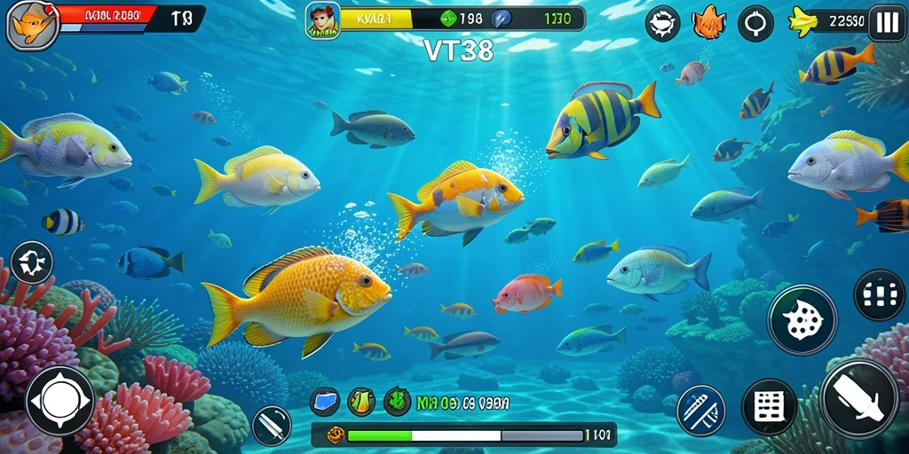 Tangkapan layar gameplay VT38 menampilkan aksi menembak ikan yang seru.